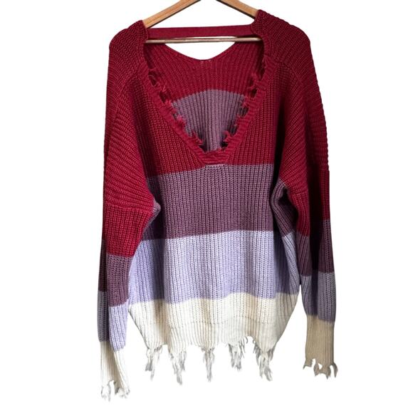 Rue21 Multicolor Striped Distressed Knit Sweater XL Fringe Hem Boho Cozy - Picture 4 of 6